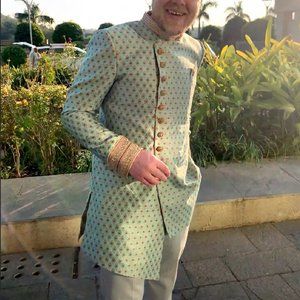 Men's L Teal/Gold Jacquard Sherwani